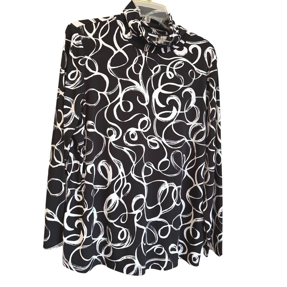 Susan Graver Liquid Knit Black White Abstract Swirl Mock Neck Top L Artsy Office
